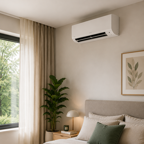 Witte airco unit die in een slaapkamer hangt